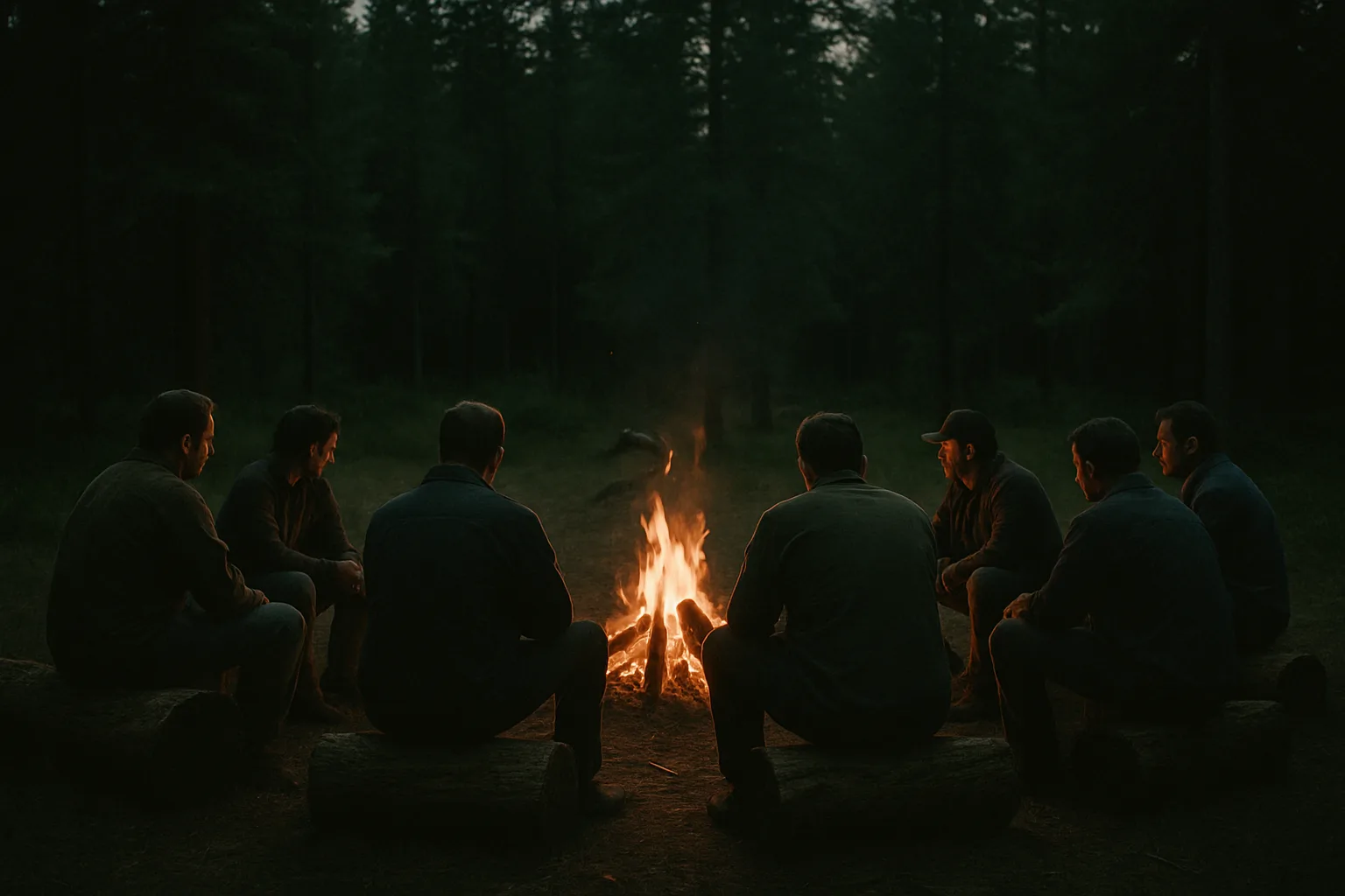 Silhouetten van mannen rond een klein kampvuur in een bos, in de avond.